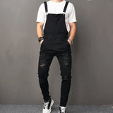 Wiaofellas   -  Stylish Men Streetwear Solid Ripped Slim Bib Overalls Jumpsuits jeans Male Distressed Holes Casual Strap Denim Pants