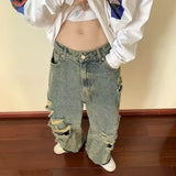 WIAOFELLAS  -  Spring Summer Men's Wear Casual Jeans Men New Korean Fashion Personalized Straight Tube Hole Male Trousers Vintage Wide Leg
