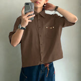 Wiaofellas  -  Men's Shirt Solid Color Streetwear Lapel Short Sleeve Tops Summer Men Clothes Loose Korean Style Fashion Shirts For Man