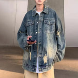 WIAOFELLAS  -  Y2k Mens jacket washed water torn hole distressed denim jacket autumn casual Hawaiian streetwear couple's clothing unisex