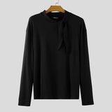 WIAOFELLAS  -  Men T Shirt Solid Color Lace Up Long Sleeve Casual Male Tee Tops Streetwear Korean Style Fashion Men Clothing S-3XL