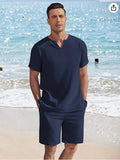 WIAOFELLAS  -  Men s Summer Clothes Solid Color Short sleeve Henley Shirt Elastic Waist Drawstring Pants 2 Pieces Loungewear Set
