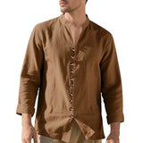 Wiaofellas  -  Spring and Autumn New Style Shirt Long Sleeve Men's Casual Retro Lapel French Henry Collar Single Breasted T-shirt