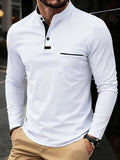Wiaofellas  -  Men Stand Collar Henry Long Sleeve Polo Shirt Soft Fabric Pocket Casual Spring Daily Tops