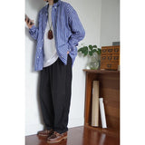 Wiaofellas  -  Japan fashion Ciboy Loose Retro Basic Men's and Women's Striped Cotton Casual Long sleeve Shirts