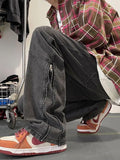 WIAOFELLAS  -  New American Retro Zipper Jeans Men's Washed Straight Leg Micro Flared Pants High Street Vibe Trendy Brand