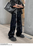 WIAOFELLAS  -  Artificial Hand-painted Lettering Graffiti Black Denim Trousers Men Straight Pants
