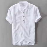 WIAOFELLAS  -  Mens Pullover Linen Shirts Short Sleeve Mens Quality Casual Shirts Slim fit Solid Mandarin Collar Cotton Shirts Men TS-155
