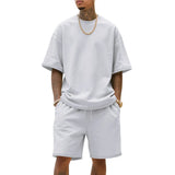 WIAOFELLAS  -  Men's Summer American-Style Loose Heavy Sweater High Street Hip-Hop Sport Short-Sleeved Set with Shorts