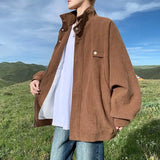 WIAOFELLAS  -  Retro Corduroy Brown Brown Coffee Jacket Men's American Fashion Brand Plus Size Loose Baseball Uniform Autumn Maillard Outfit