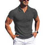 Wiaofellas  -  Men's Ribbed V-Neck Polo Shirt Summer Breathe Slim Fit Short Sleeve T-Shirt Men Casual Business Fashion T-Shirt