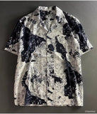 Wiaofellas  -  Men's Black White Floral Print Lapel Short Sleeve Shirt Casual Loose Vintage Blouse