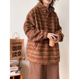 WIAOFELLAS  -  Vintage woolen striped knit hoodie autumn and winter warm hoodie wear fashion brand loose top