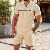 Wiaofellas  -  Men Casual 2-Piece Pajamas Set Summer Short Sleeve Letter Print Patchwork Shirts+Shorts Suits Skin-friendly Breathable Homewear