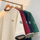 Wiaofellas  -  Summer Fake Two-piece Waffle Short Sleeve T Shirt Men Vintage Appliques Loose T-shirts Couple y2k Streetwear Clothes Hip Hop Tee