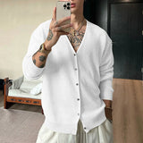 WIAOFELLAS  -  Men Cardigan Solid Knitted V Neck Long Sleeve Men Sweaters Streetwear Loose Korean Style Fashion Casual Men Clothing