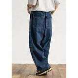 Wiaofellas  -  Large Size Men's Casual Wide Leg Jeans Loose Fit Workwear Trousers Washed Denim Straight Tube Zipper Fastening Non-Elastic