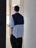 Wiaofellas  -  Men Blue Striped Long Sleeve Shirt Detachable Shawl Design American Style Loose Oversized Casual Tops Fashion Trend Retro