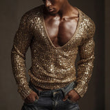 Wiaofellas  -  Sexy Deep V Neck Sequin T Shirts Mens Long Sleeve Solid Color Glitter Tee Shirt Spring Autumn Men Party Fashion Shiny Tops