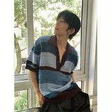 WIAOFELLAS  -  Mens T Shirts Summer New High-end Designed Americian Retro Style Hollow Knitted POLO Collar Colored Striped Short-sleeved Top