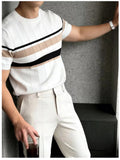Wiaofellas  -  Contrast Color Slim Mens Short Sleeve Tops Daily Casual Striped Knitted T-shirt Summer Stylish O Neck Knit Pullover