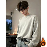 WIAOFELLAS  -  Korean Loose Fit Thiened ey round Ne Sweater Men's Autumn Winter Fce Lined Knitted irt American Sle Base Layer