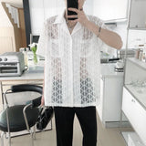 WIAOFELLAS  -  Summer New Men's Solid Color Hollow Short-Sleeved Shirt Sexy Retro Fashion Trend Leisure Loose Breathable Niche Men's Tops