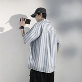 Men's Casual Breathable Short Sleeve Shirt Vertical Stripe Color-Block Lapel Relaxed Fit Trendy Summer Style Top