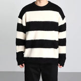 WIAOFELLAS  -  American Retro round Ne f High Collar Striped Sweater Knitted Heavyweight Autumn Winter Casual Loose Fit Long Sve