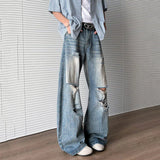 WIAOFELLAS  -  Summer Men's Denim Pants Washing Holes Design Gradient Color Worn-out Bottom Loose Male Wide Leg Jeans Fashion