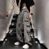 Wiaofellas  -  Trousers Man Wide Multi Pocket Cargo Pants For Men Grey Straight Multipockets Large Size With Comfortable Aesthetic Emo Cotton