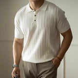 Wiaofellas  -  Summer Men's Ribbed Knit Polo Shirt Light Luxury Short Sleeve Lapel Collar Slim Fit Business Casual Polos Breathable Soft Tops