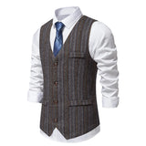 Wiaofellas  -  Men Suit Vest Herringbone Fabric Stripe Waistcoat Business Casual Turndown Collar Men's Formal Party Dress Blazer Vests V13