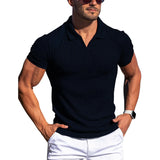 Wiaofellas  -  Men's Ribbed V-Neck Polo Shirt Summer Breathe Slim Fit Short Sleeve T-Shirt Men Casual Business Fashion T-Shirt