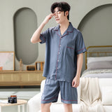 Wiaofellas New Summer Solid Color Pajamas Set Mens Big Yards Silk Satin Pyjamas Male Short Sleeve Shorts Nightgown Chinese Silk Sleepwear