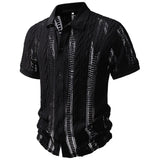 Wiaofellas  -  Summer Lapel Slim Shirt Mens Vintage Solid Color Jacquard Knitting Shirts Classic Daily Short Sleeve Texture Shirt Tops Men