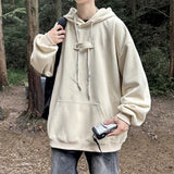 WIAOFELLAS  -  With Hat Hoodies Men Loose Chic Solid Drawstring Hooded Hoodie Simple All-match Spring Fashion Leisure Kangaroo Pocket Harajuku