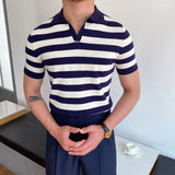WIAOFELLAS  -  Spring Summer New Men's Knitted Polo Shirt Striped Casual Slim Tees Men Lapel Business Pullover Polo Short Sleeve Tops Clothing