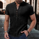 Wiaofellas  -  Men's Short Sleeve Linen Shirt Summer Lightweight Casual V-Neck T-Shirt Men Basic Solid Color Loose Fit Top