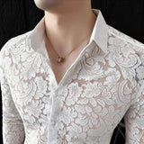 WIAOFELLAS  -  Sexy Men's Mesh See Through Fishnet Lace Shirts Long Sleeved Slim Fit Transparent Shirt for Men Nightclub Prom Camisa Masculina