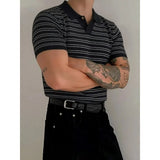 Wiaofellas  -  British Style Polo Shirt Men's Fashion Lapel Business Casual Knitted Short Sleeved T-shirt Striped Social Office Polo Shirts