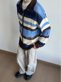 Wiaofellas  -  Contrast Color Striped Dual Zippers Cardigan Japanese Hollow Out Men and Women Jackets Y2k Aesthetic Streetwear Women Tops