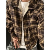 WIAOFELLAS  -  Reversible Coat Men's Autumn Casual Loose American Retro Lapel Jacket Loose Plaid Apricot All-match Top