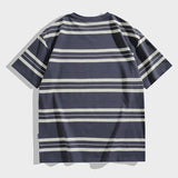 Wiaofellas  -  Men's Striped Short Sleeved T-shirt Japanese Retro Style Summer Round Neck Tshirt Streetwear Casual Loose Stripe Tops Tee
