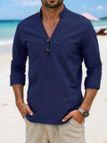 Wiaofellas  -  Men's Japanese Style Casual Linen Shirt Stand Collar Half Placket Long Sleeve Breathable Tops for Spring Autumn Daily Commute
