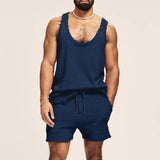 Wiaofellas  -  Summer Fashion Loose Sleeveless Vest And Shorts Sweater Men Two Piece Set Streetwear Casual Solid Knit Suits For Male Outfits