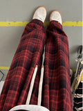 WIAOFELLAS  -  Red Plaid Wide Leg Pants Men's Autumn Winter High Street Sle Retro i Che Loose Fit Trousers for Taller Men
