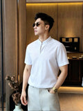 Wiaofellas  -  Summer Stand Up Collar Short Sleeved T-shirts Men Loose Casual Social Pullover Vacation Beach Hawaiian T-shirt Men Clothing