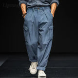 Wiaofellas  -  Fashion Mens Solid Color Corduroy Pants Summer New Casual Multi Pocket Cargo Pants Men Vintage Loose Straight Trouser Streetwear