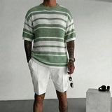 Wiaofellas  -  Summer Casual Knit T Shirt Mens Fashionable Striped Loose Crew Collar Pullover Vintage Short Sleeve Hollow Out Knitted T-shirts